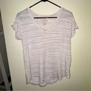 American Eagle Outfitters White V-Neck Tee with Pink/Purple Stripes